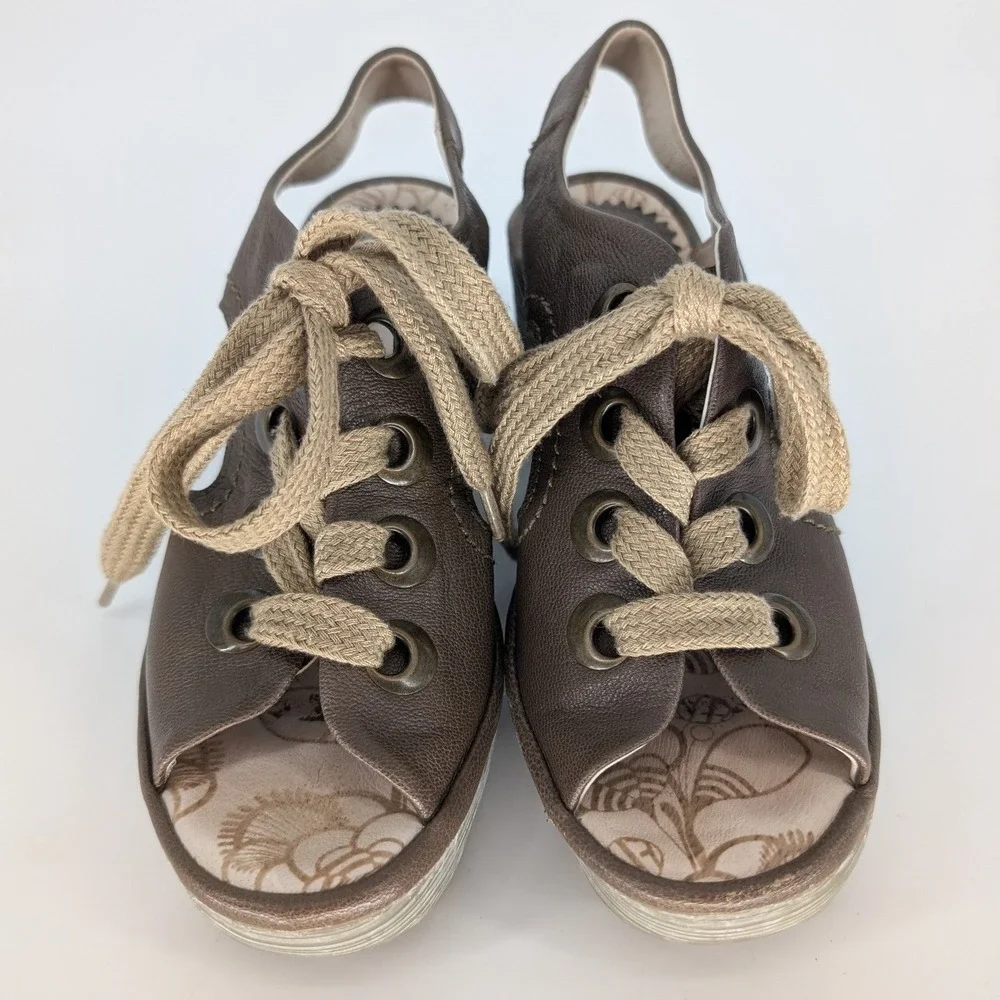 Fly London Ylfa Wedge Sandals 37 Brown Leather Lace Up Platform Boho Minimalist
